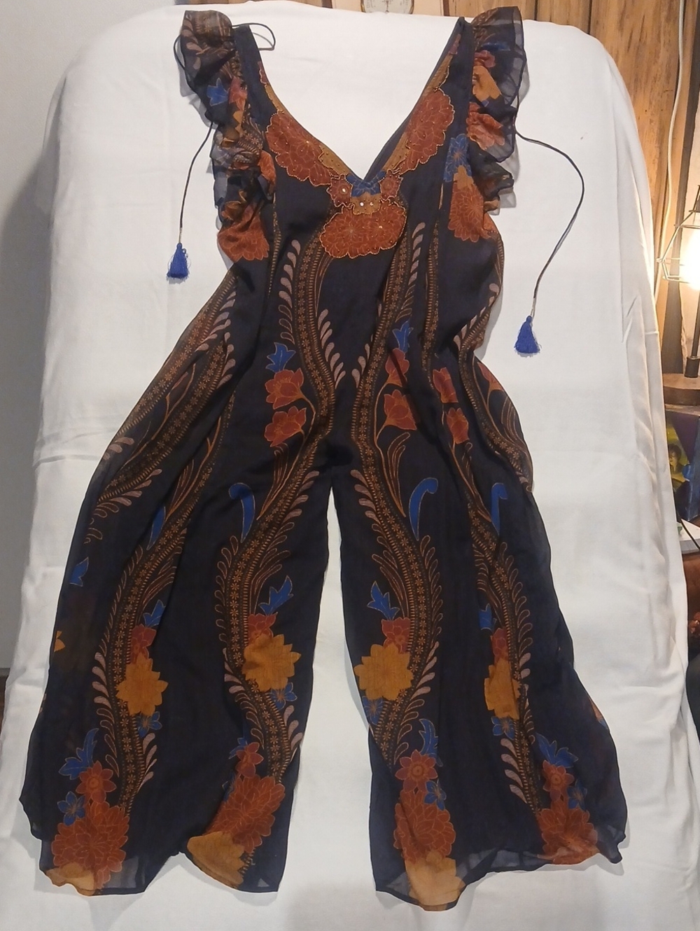 Free People Magical Jumpsuit Med Black Floral Wide Leg Boho Lined Sheer